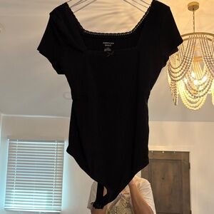 American Eagle Outfitters Black Ribbed Square-Neck Bodysuit